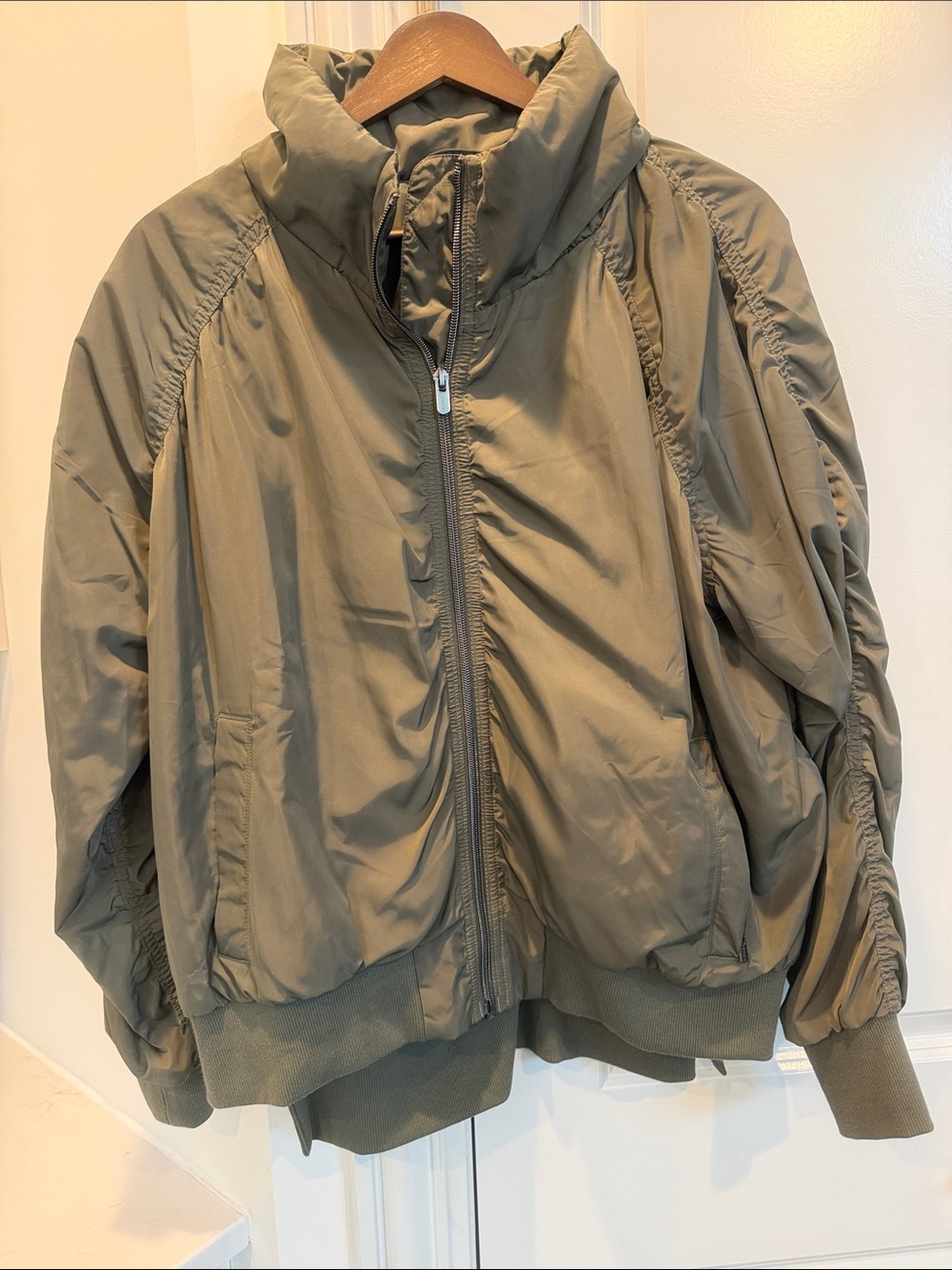 Athleta Olive Green Lightweight Jersey Zip Bomber Jacket